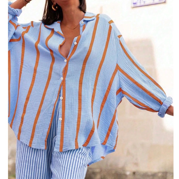 Blue Striped Oversized Button Down Shirt Long Sleeve - Picture 1 of 7